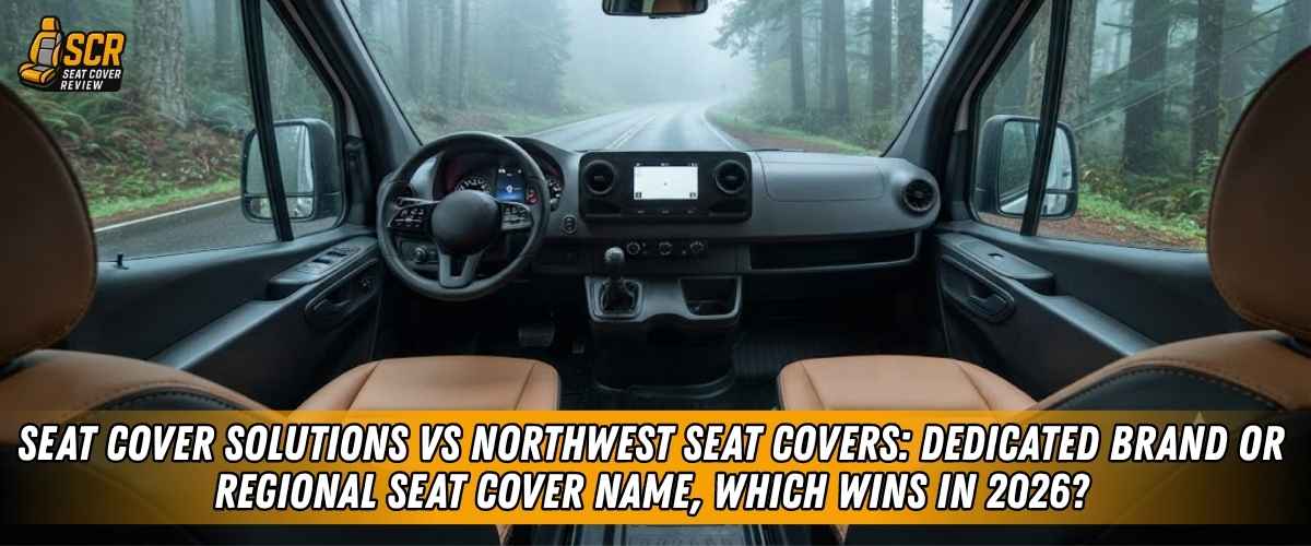 Van interior with brown seat covers on a misty forest road, comparing Seat Cover Solutions and Northwest Seat Covers.