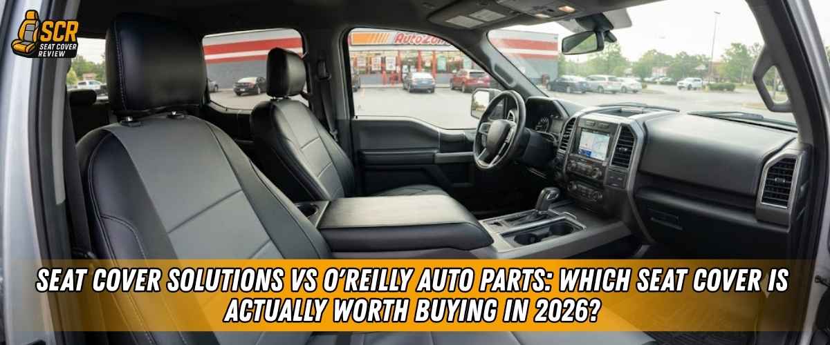 Pickup truck interior with Seat Cover Solutions seat covers featured in an O'Reilly Auto Parts seat cover comparison review.