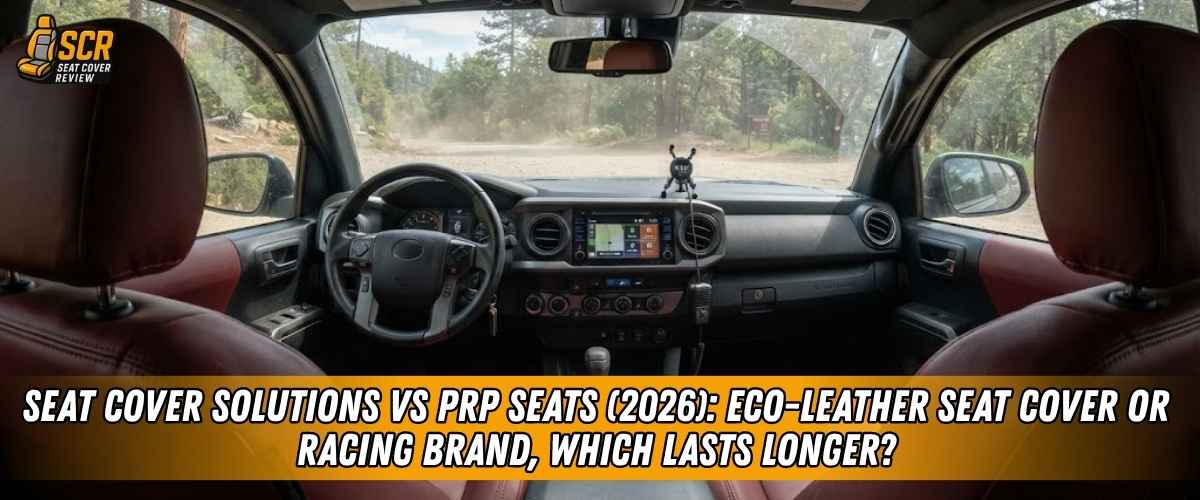 Truck interior illustrating Seat Cover Solutions vs PRP Seats, comparing eco-leather comfort with racing durability.