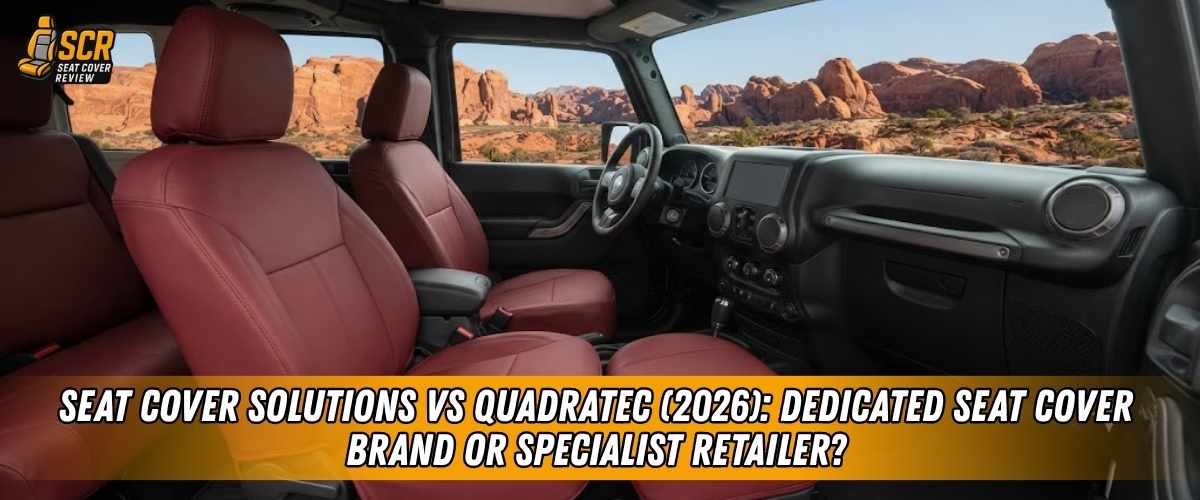 Jeep interior with red seat covers comparing Seat Cover Solutions vs Quadratec for fit, comfort, and daily use.