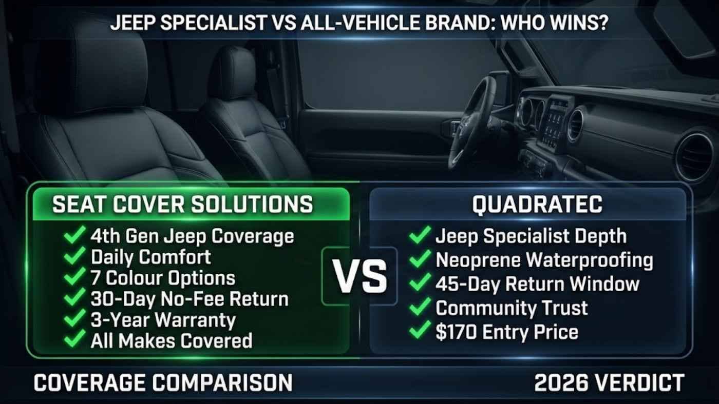 Comparison chart of Seat Cover Solutions vs Quadratec highlighting Jeep coverage, comfort, pricing, warranty, and returns.