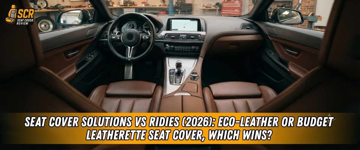 Brown luxury car interior comparing Seat Cover Solutions eco-leather with Ridies replacement upholstery for 2026 buyers.