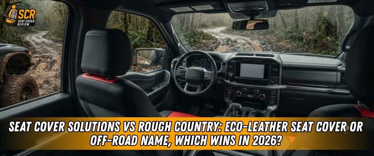 Truck interior on a forest trail showing Seat Cover Solutions vs Rough Country seat cover comparison for buyers.