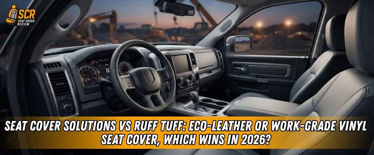 Truck interior with Seat Cover Solutions eco-leather seats vs Ruff Tuff work-grade vinyl seat covers comparison.