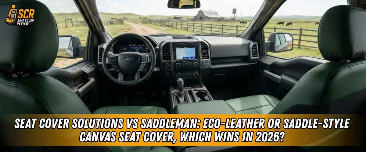 Ford truck interior with Seat Cover Solutions eco-leather seats comparing Saddleman seat covers for fit, comfort and style.