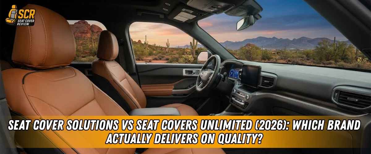 Tan leather truck interior for Seat Cover Solutions vs Seat Covers Unlimited 2026 custom seat cover comparison.