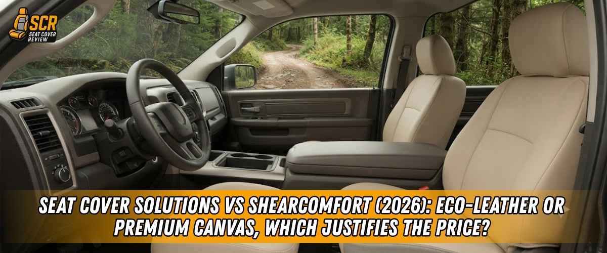 Truck interior with beige seat covers comparing Seat Cover Solutions vs ShearComfort eco-leather and premium canvas.