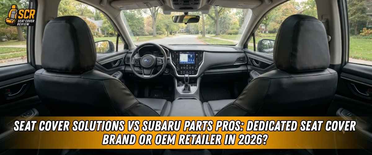 Subaru interior comparing Seat Cover Solutions vs Subaru Parts Pros for OEM restoration and eco leather seat cover options.