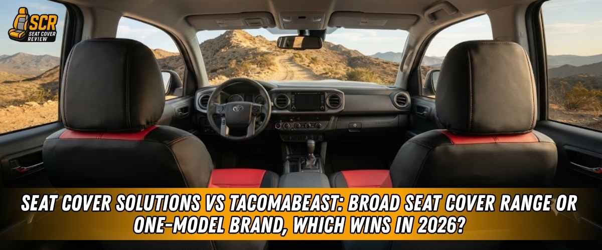 Toyota Tacoma interior with fitted seat covers comparing Seat Cover Solutions vs Tacomabeast in a 2026 review.