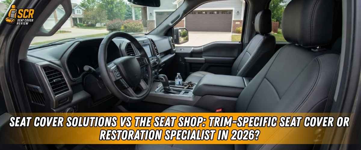 Seat Cover Solutions slip-on eco-leather cover on a pickup seat versus The Seat Shop factory-matched replacement panels.