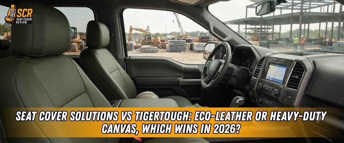 Front truck seats showing Seat Cover Solutions vs TigerTough with eco-leather comfort and work-ready durability.