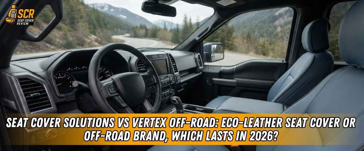 Front cabin with eco-leather seat covers comparing Seat Cover Solutions vs Vertex Off-Road for truck interior durability.