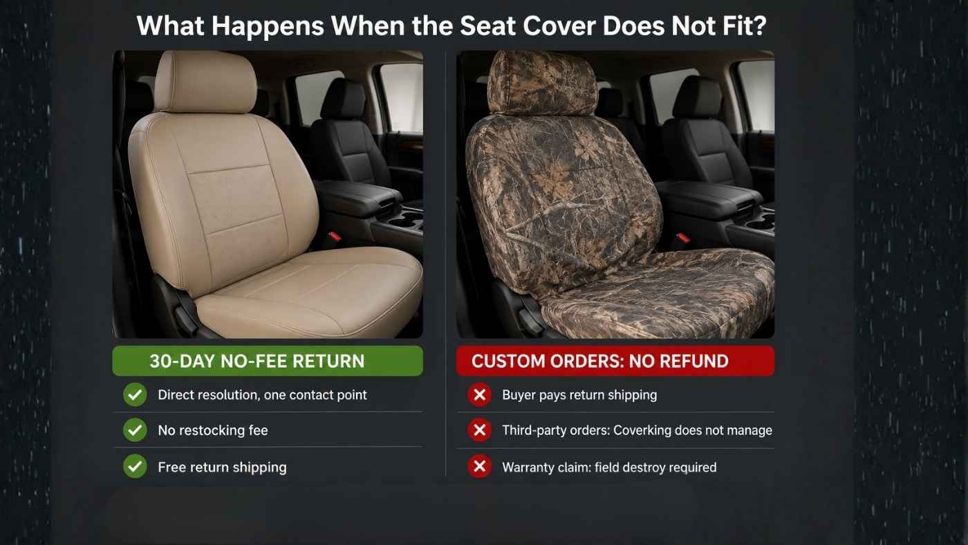 Comparison of Seat Cover Solutions and Coverking return policies for custom-fit seat covers and buyer support.