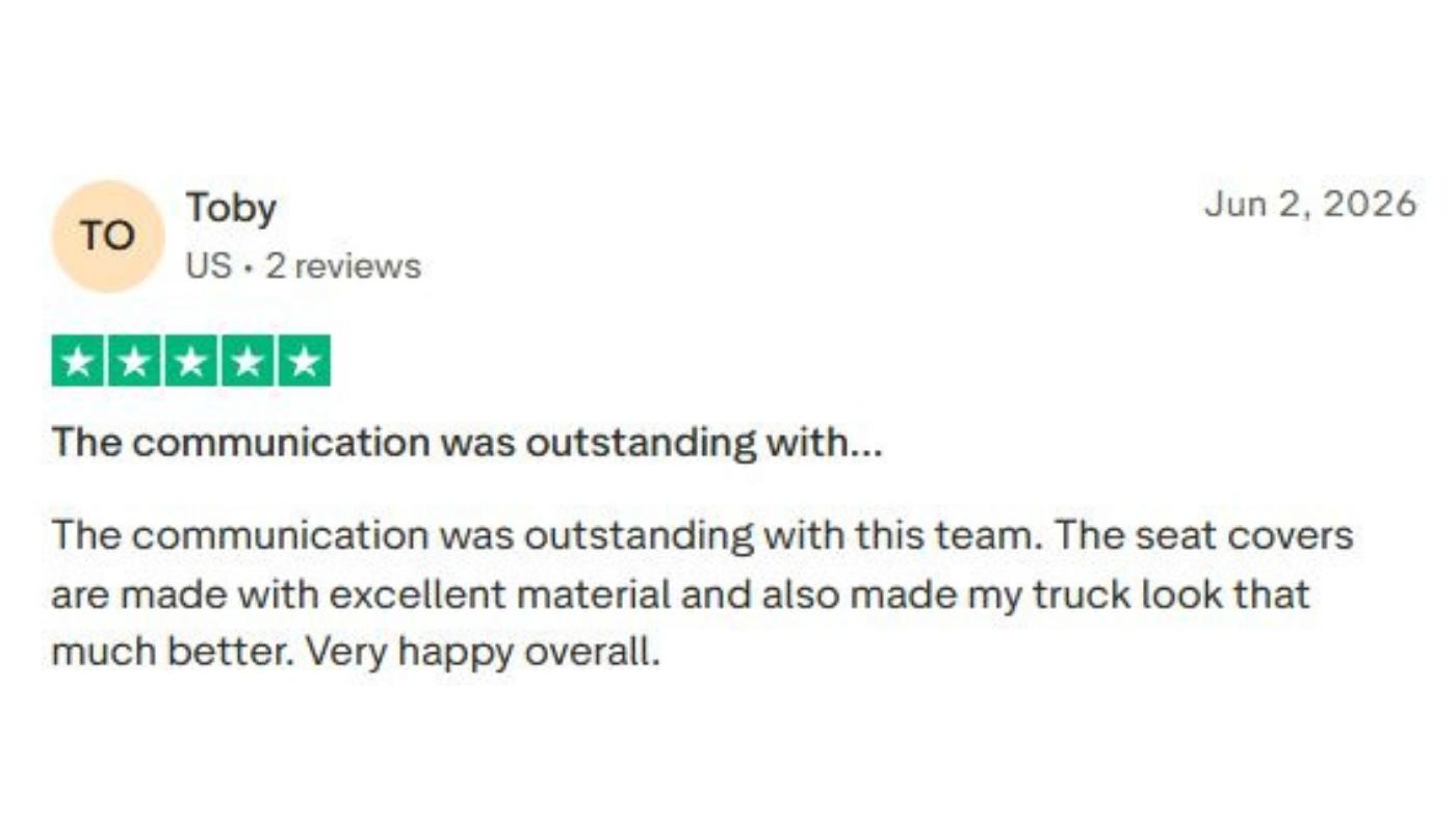 Seat Cover Solutions customer review describing eco-leather comfort and consistent trim-specific fit from a daily driver
