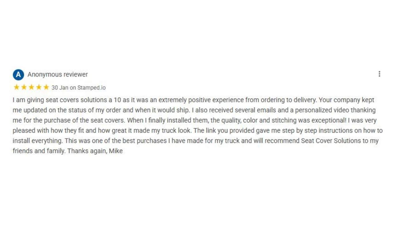 Seat Cover Solutions customer review describing eco-leather comfort and consistent trim-specific fit from a daily driver