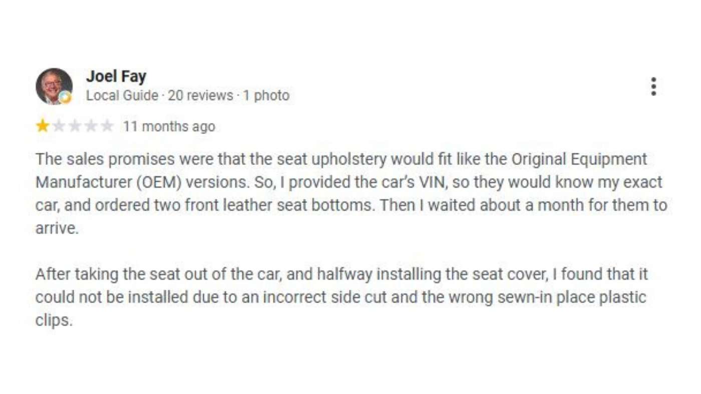 Owner review praising The Seat Shop replacement seat covers for matching factory upholstery fit on truck leather seat bottoms