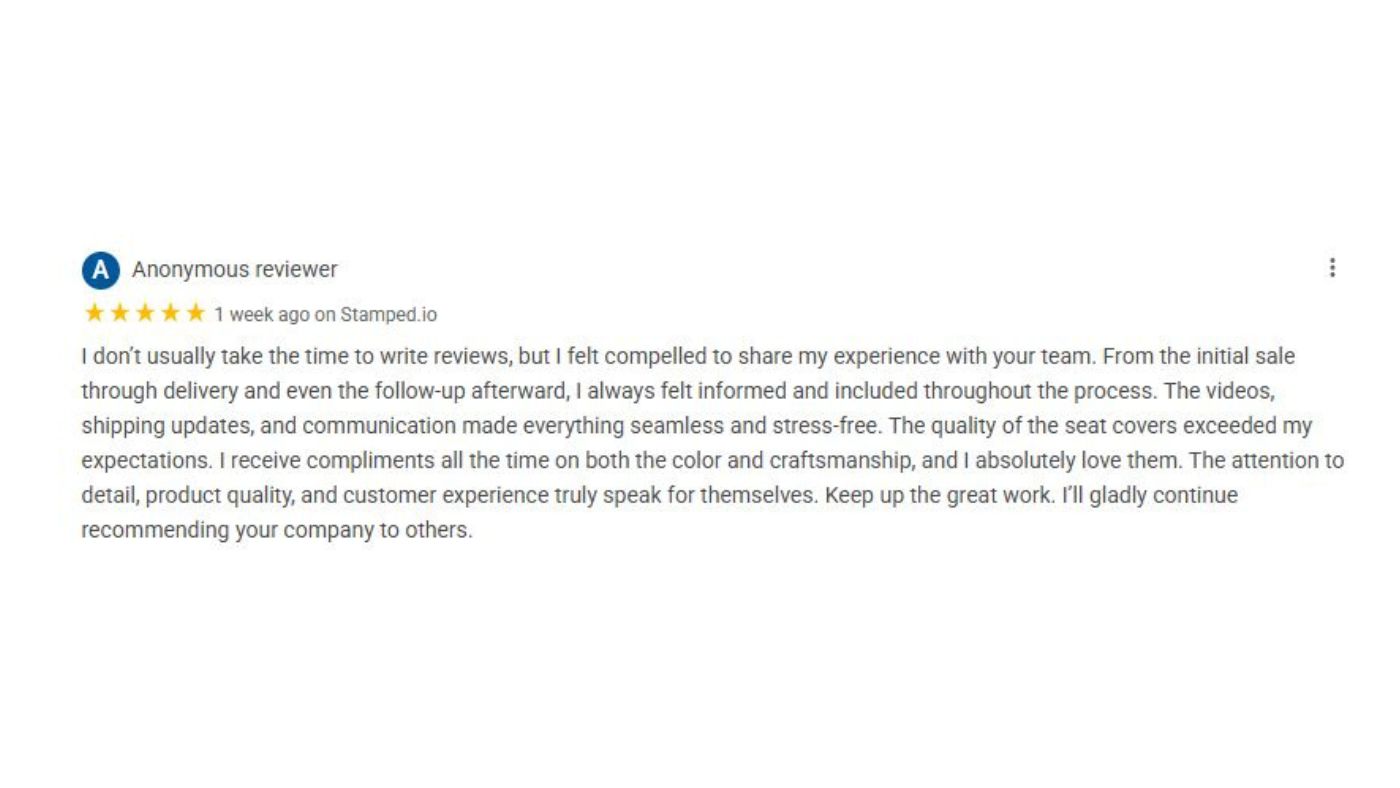 Customer review praising Seat Cover Solutions for quality, craftsmanship, communication, and overall buying experience.