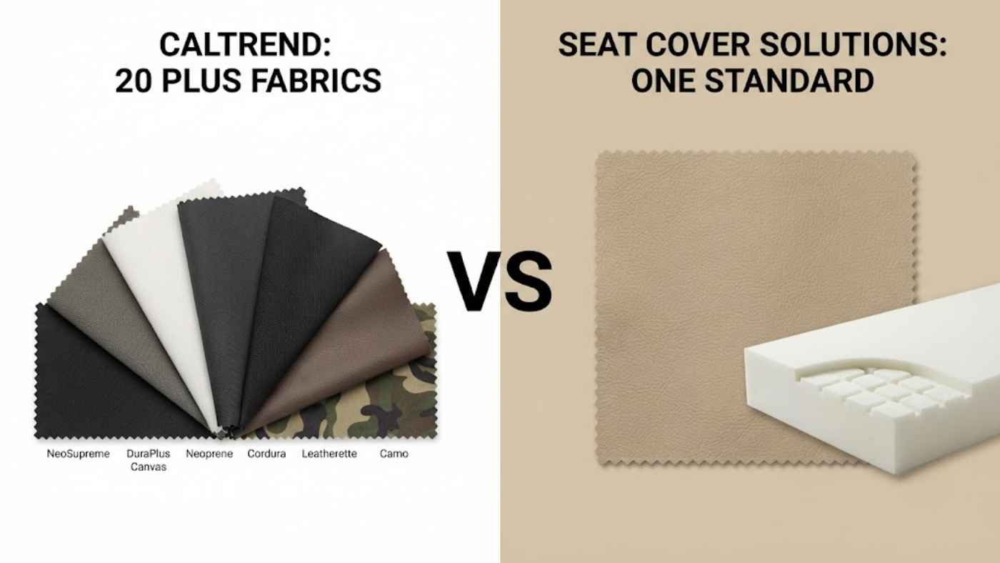 Seat Cover Solutions perforated eco-leather compared with CalTrend custom-style leatherette and multiple fabric options.