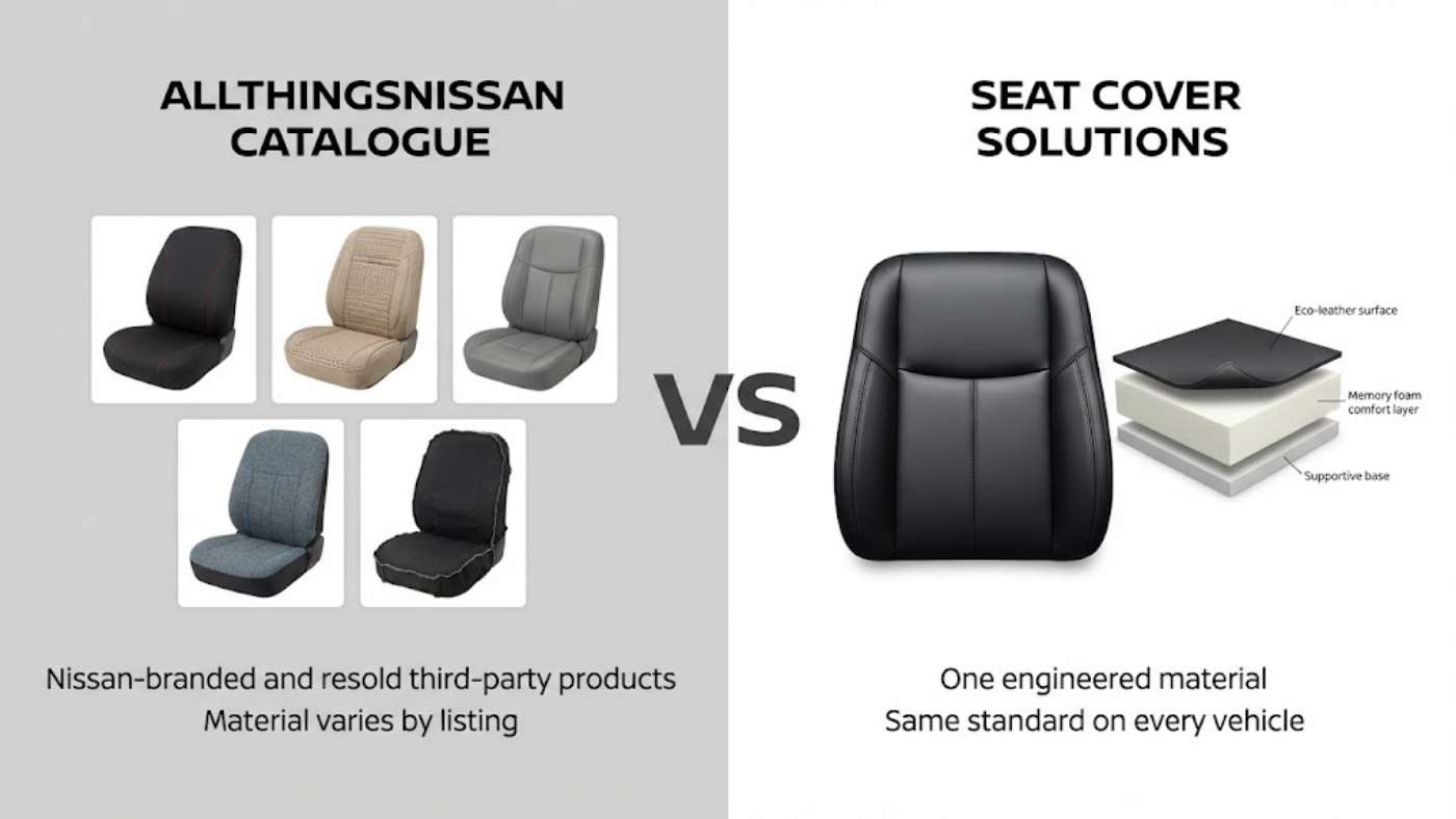 Seat Cover Solutions perforated eco-leather material compared against Allthingsnissan catalog seat cover fabrics for comfort.