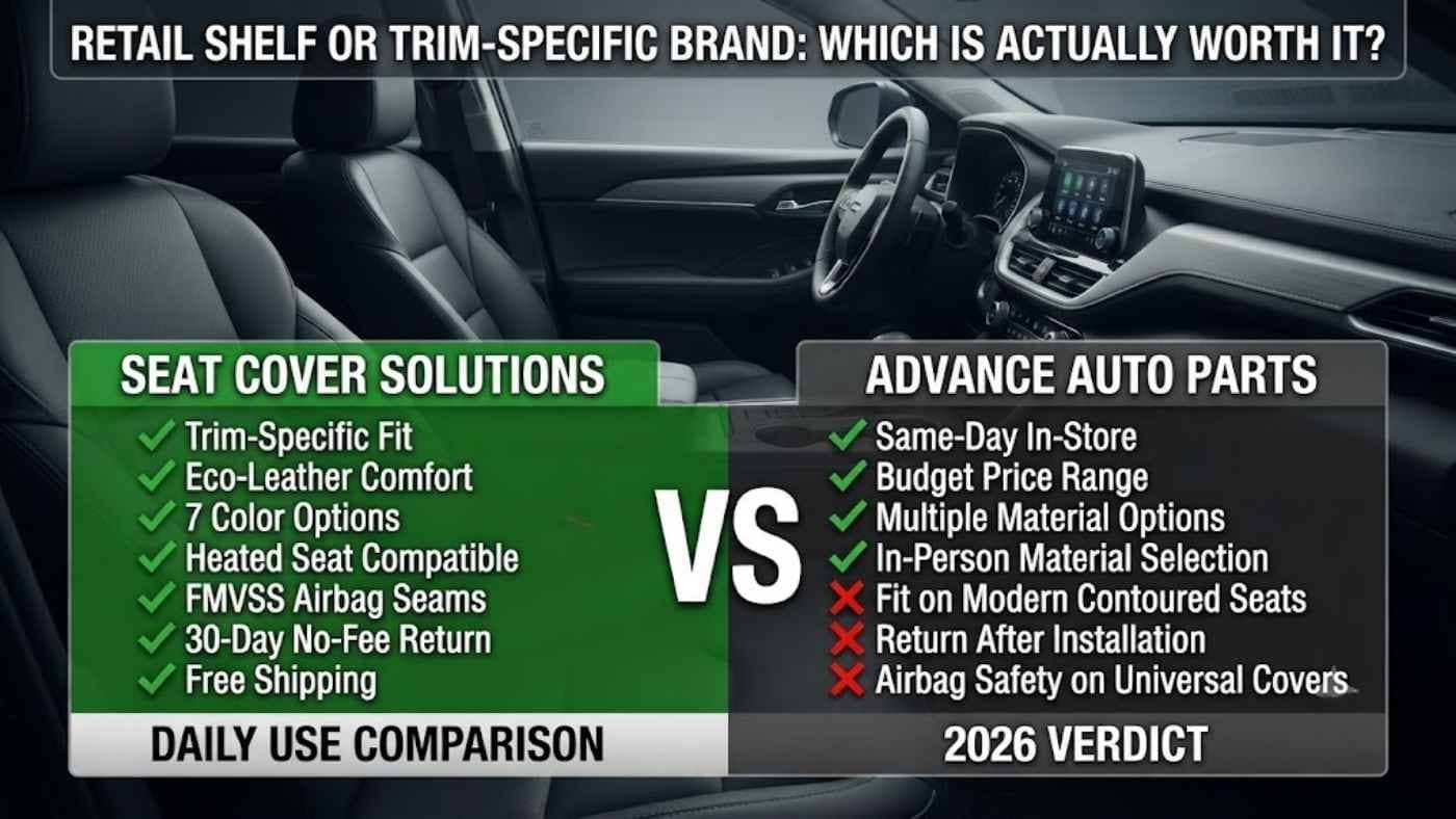 Seat Cover Solutions vs Advance Auto Parts comparison highlighting trim specific fit, comfort, safety, and overall value.