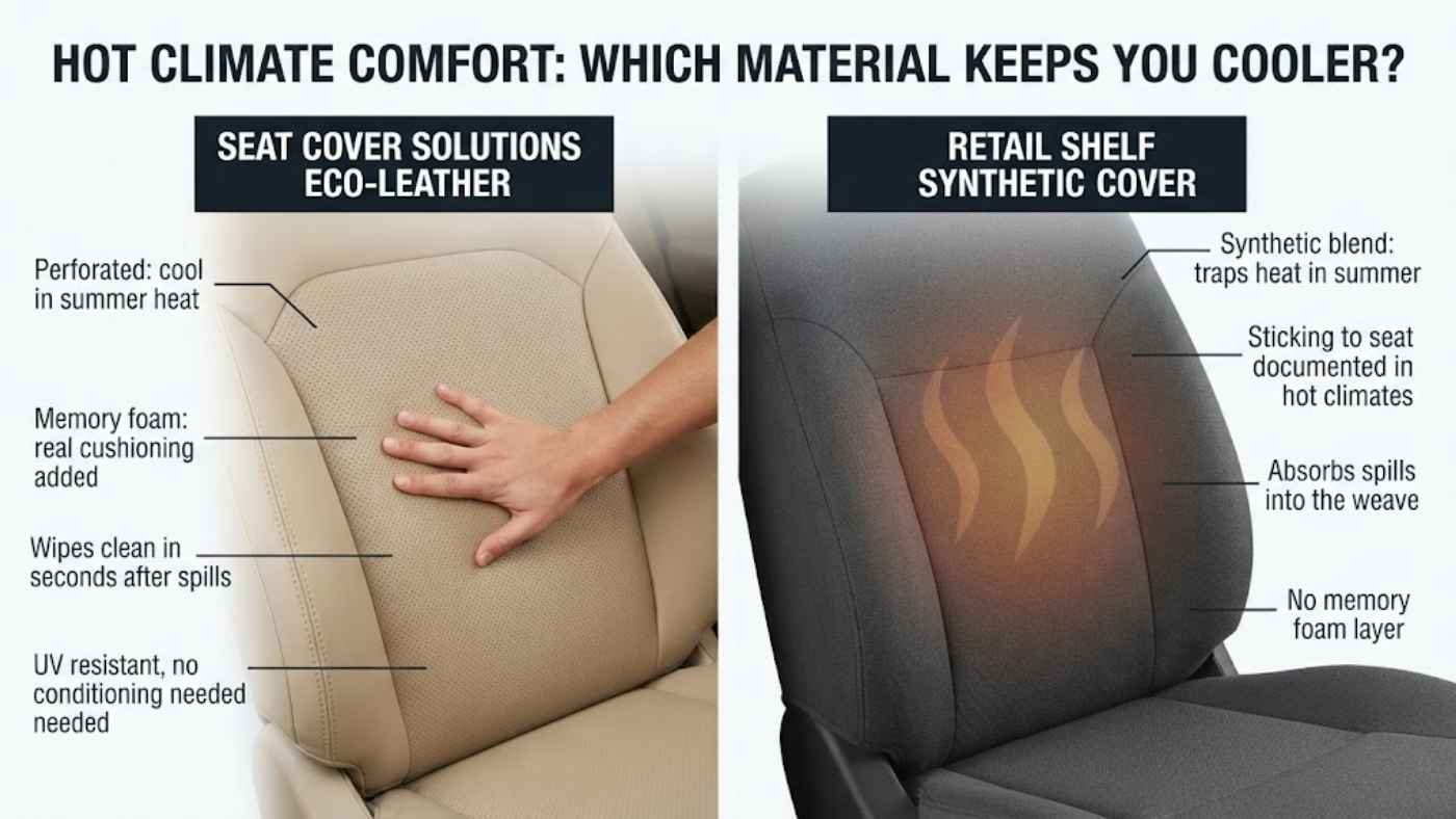 Seat Cover Solutions vs Advance Auto Parts material comparison showing breathable eco-leather against heat trapping covers
