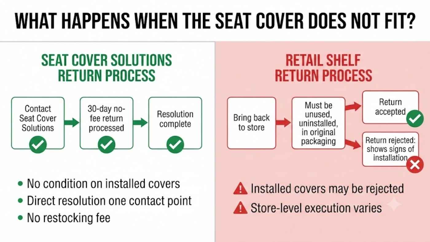 Seat Cover Solutions vs Advance Auto Parts return policy comparison showing hassle free returns versus retail restrictions.