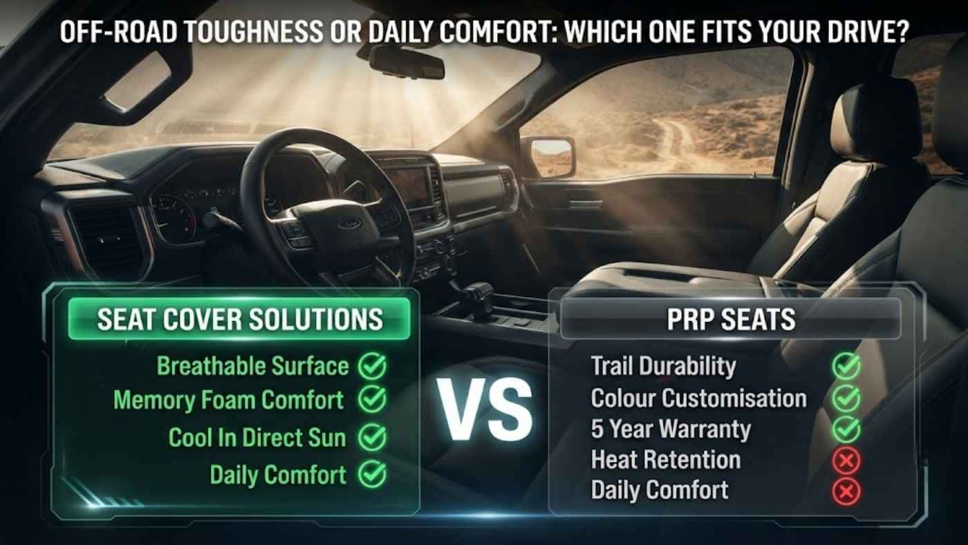 Seat Cover Solutions vs PRP Seats comparing breathable comfort, durability, warranty, and daily driving performance.