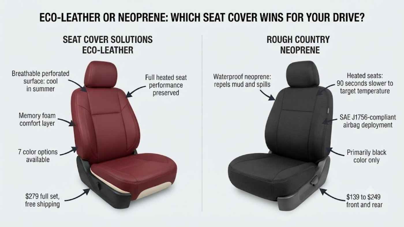 Seat Cover Solutions eco-leather and Rough Country neoprene seat covers compared for comfort, heat, safety, and value.