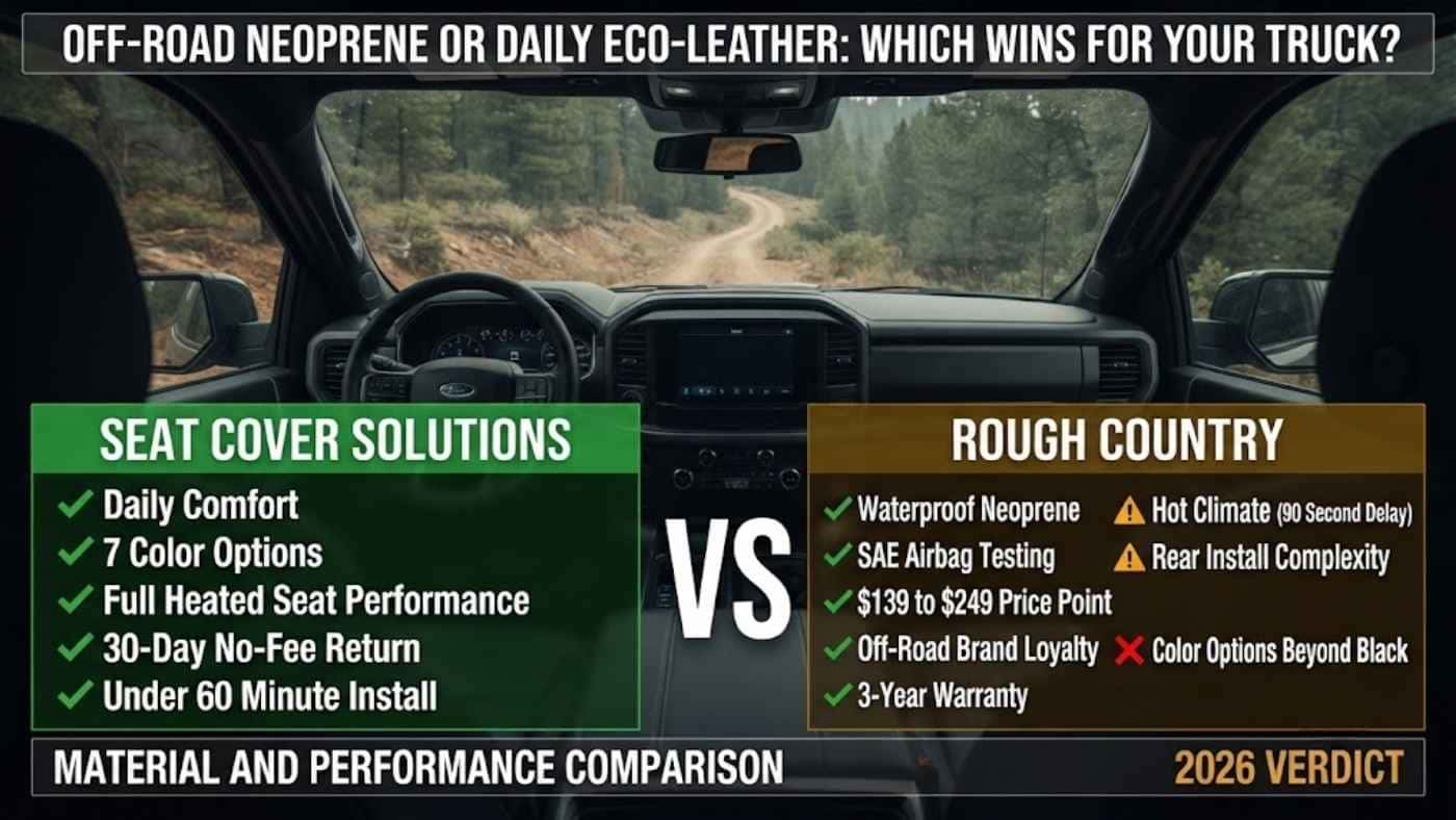 Comparison chart of Seat Cover Solutions vs Rough Country highlighting comfort, heated seats, fit, and off road value.