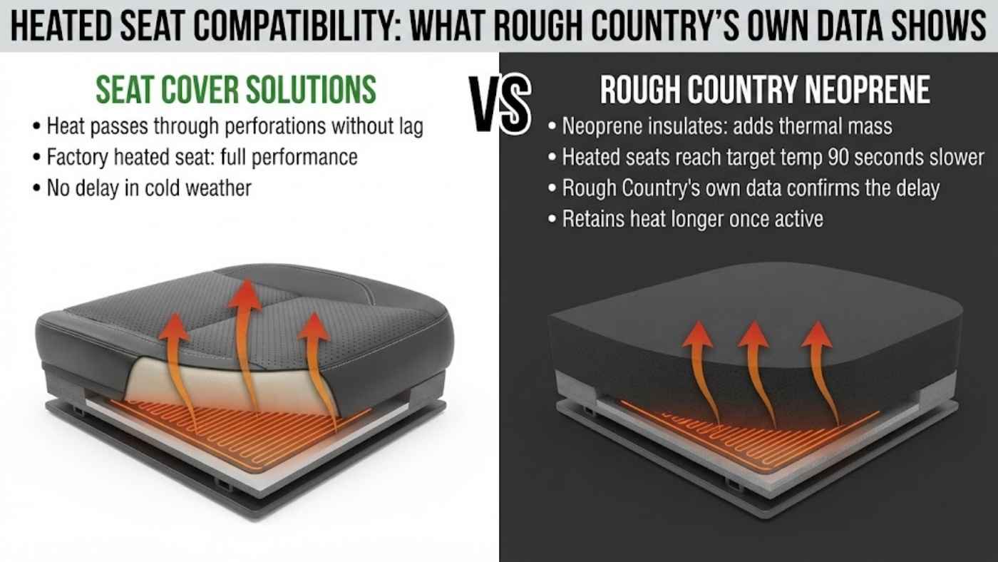 Heated seat comparison showing Seat Cover Solutions and Rough Country heat transfer, comfort, and neoprene performance.