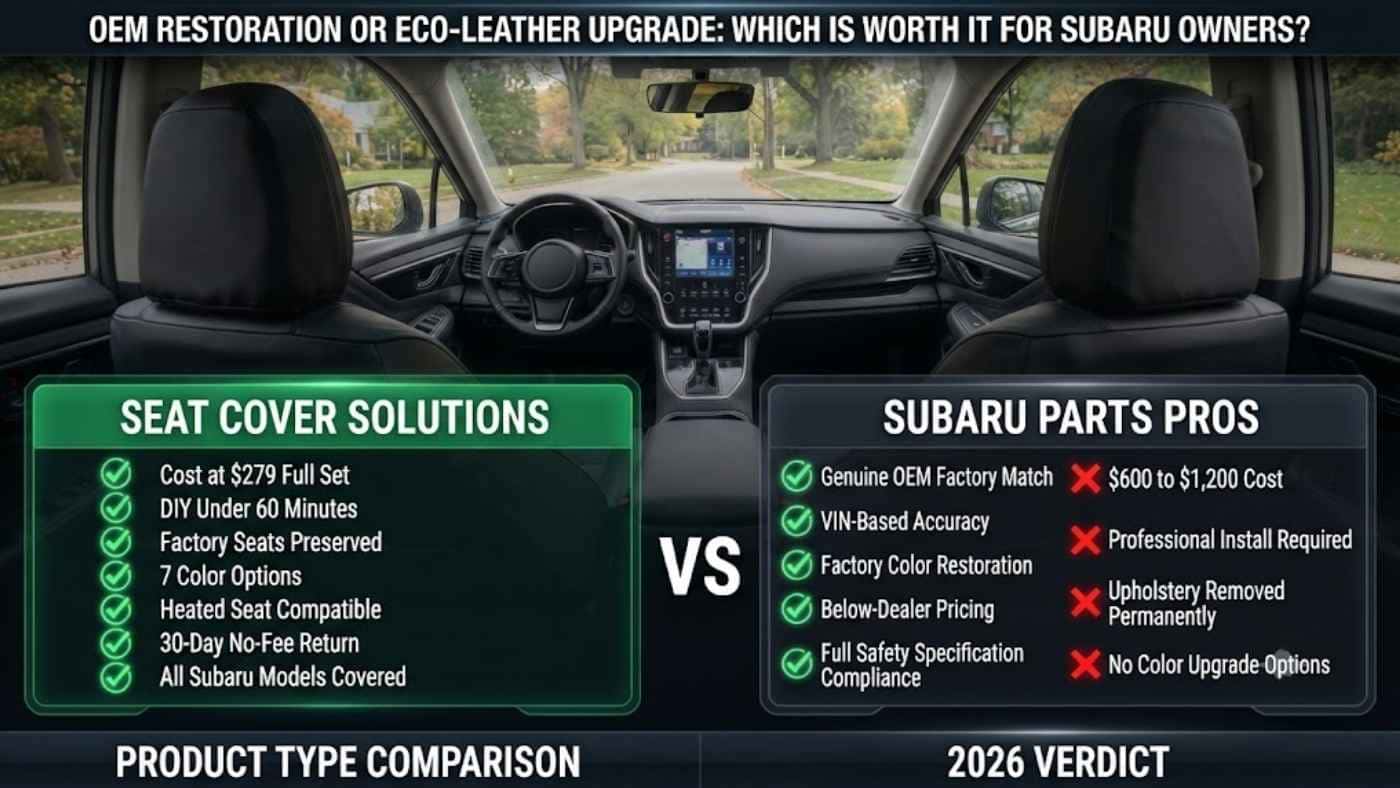 Comparison chart of Seat Cover Solutions vs Subaru Parts Pros highlighting OEM restoration, pricing, setup, and seat protection.