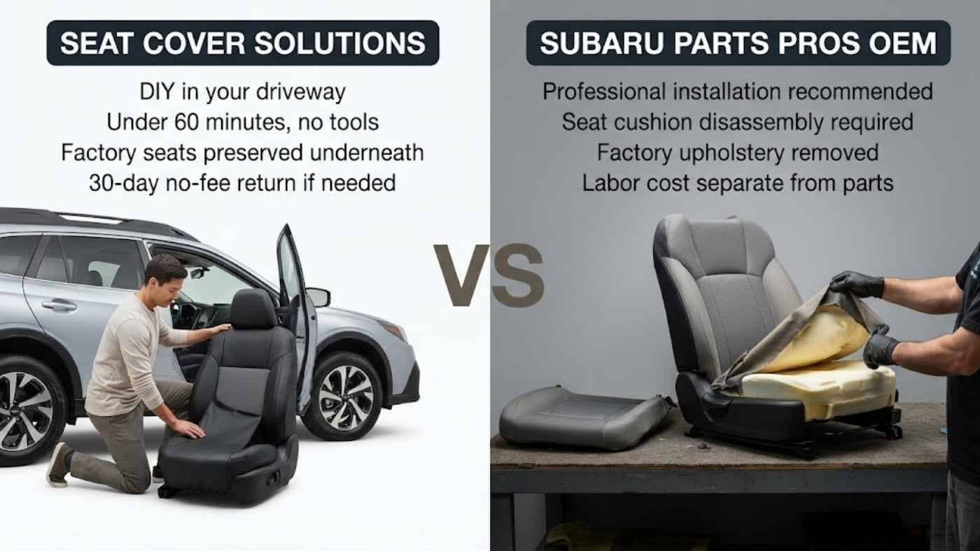 Seat Cover Solutions vs Subaru Parts Pros showing DIY seat cover installation against OEM upholstery replacement process.