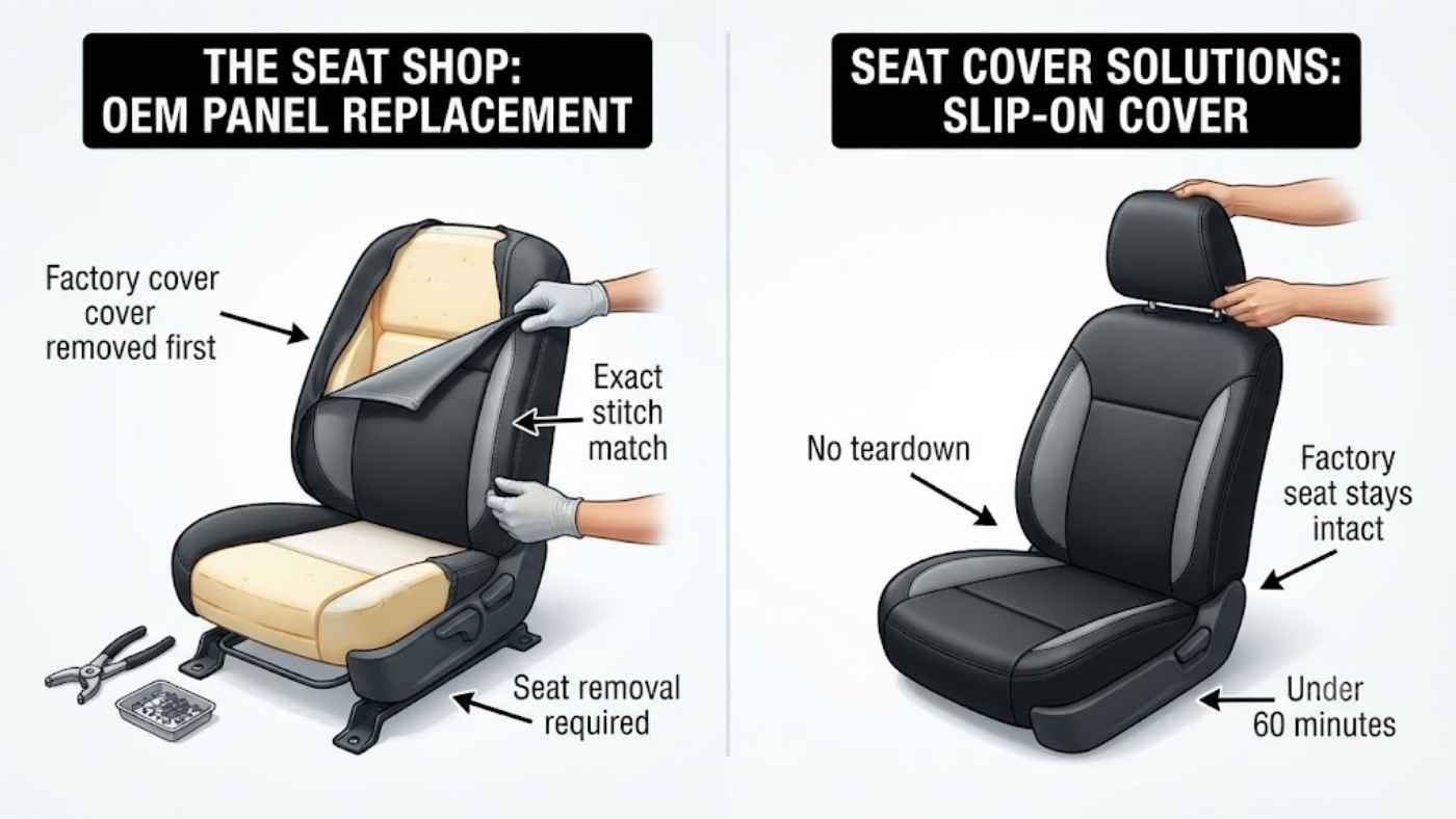 Side-by-side comparison of The Seat Shop stitch-match replacement panel and Seat Cover Solutions no-teardown slip-on cover.
