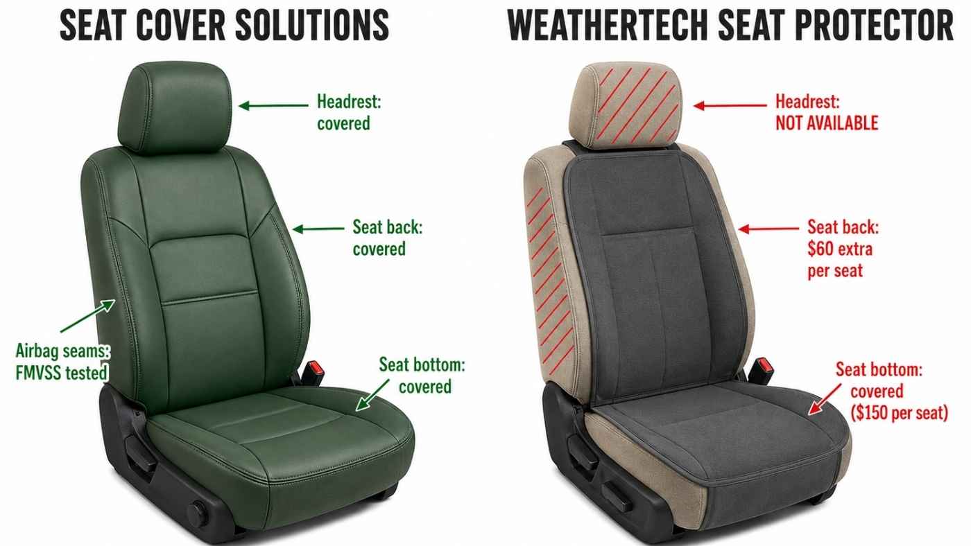 Seat Cover Solutions vs WeatherTech comparison highlighting full seat coverage, airbag safety, and seat back protection.