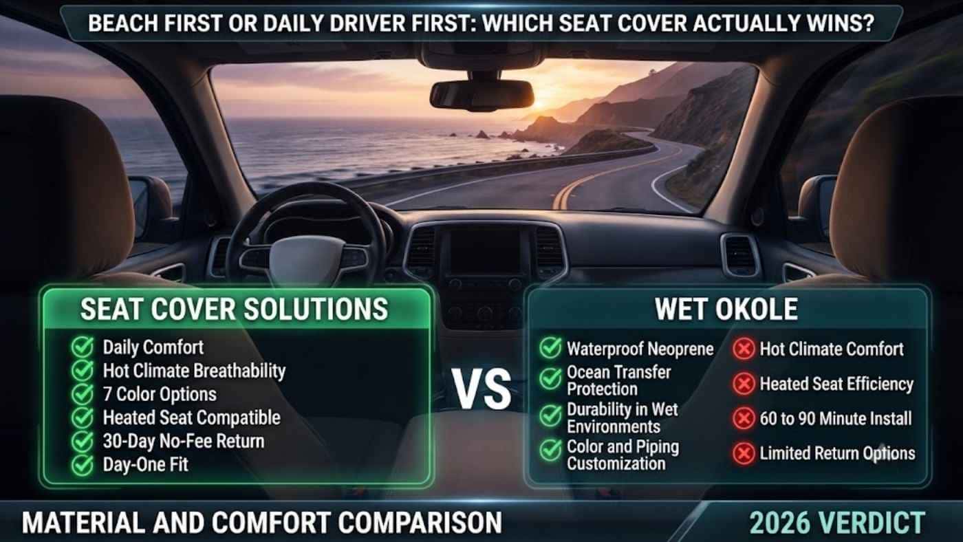 Comparison graphic showing Seat Cover Solutions vs Wet Okole for comfort, waterproofing, fit, and daily driving needs.