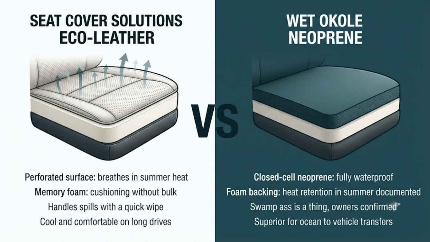 Seat Cover Solutions eco-leather and Wet Okole neoprene compared for cooling, comfort, and water protection.