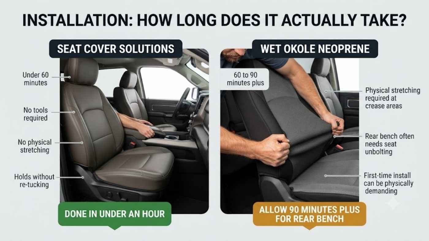 Seat Cover Solutions vs Wet Okole installation comparison showing setup time, fit, and installation effort.