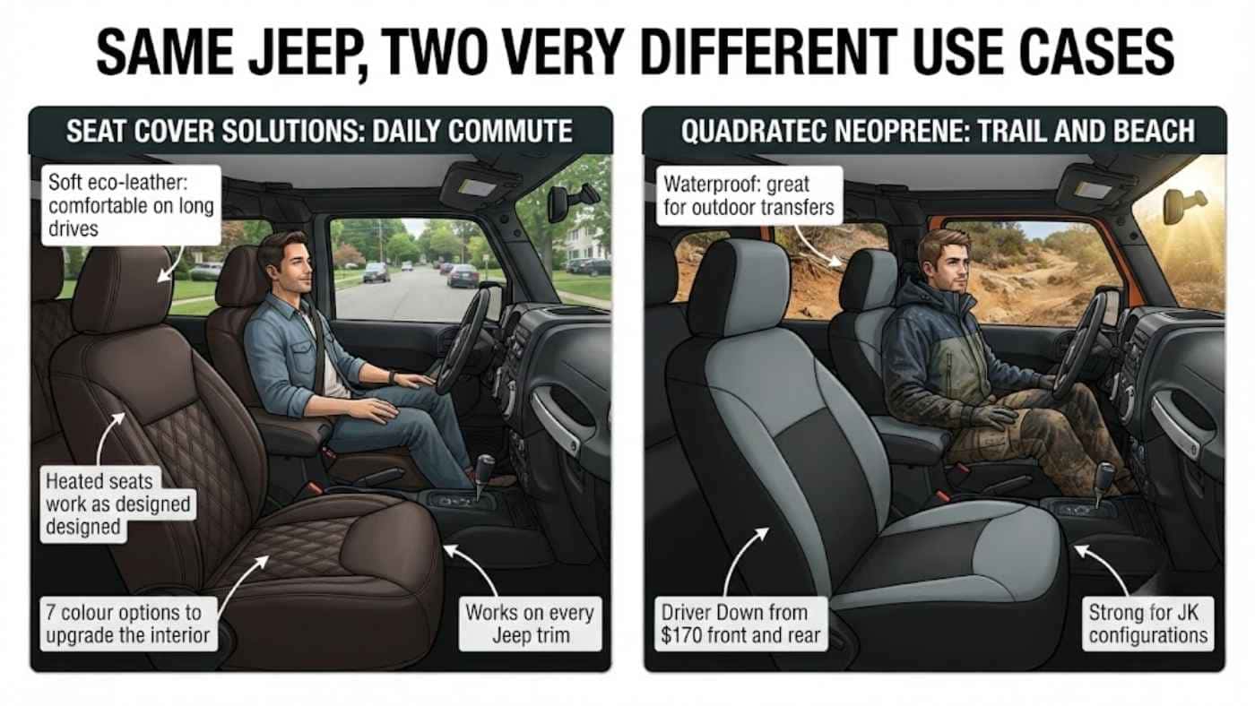 Side-by-side Jeep seat cover comparison showing Seat Cover Solutions for commuting and Quadratec neoprene for trail use.