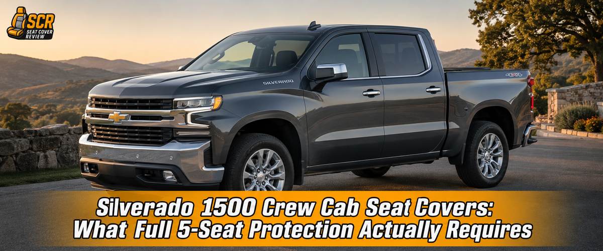 Gray Chevrolet Silverado 1500 Crew Cab showing full five-seat seat cover protection for front and rear positions.