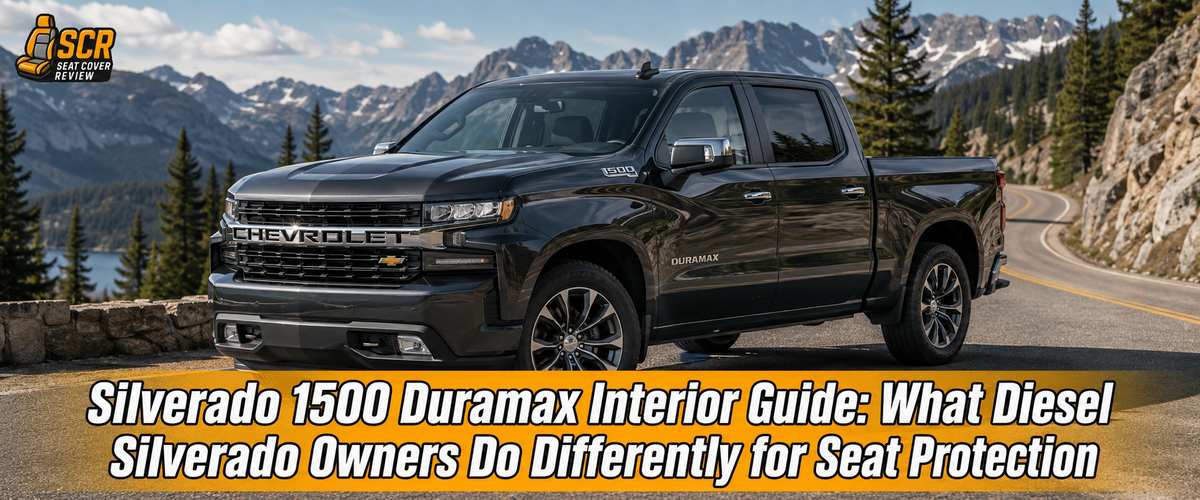 Chevrolet Silverado 1500 Duramax on a mountain road highlighting interior seat protection for long term ownership.