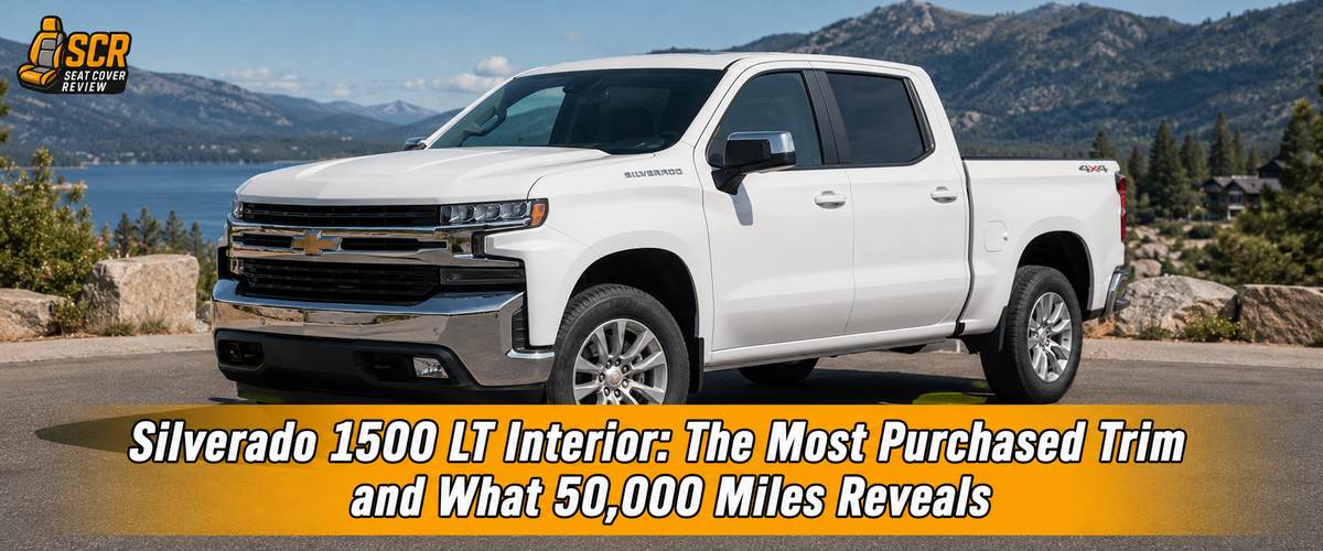 White Silverado 1500 LT parked by a lake, introducing Silverado 1500 LT Interior wear after 50,000 miles of ownership.