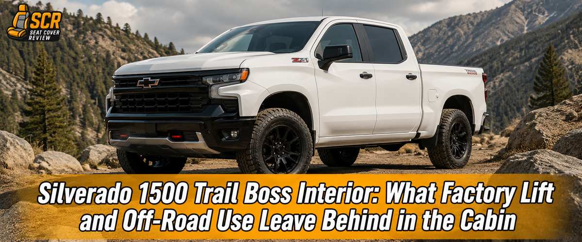 White Chevrolet Silverado 1500 Trail Boss on a mountain trail reflecting off-road use and long-term interior durability.