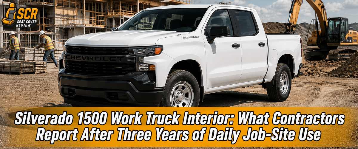 White Silverado 1500 Work Truck at a construction site representing interior wear after three years of contractor use.