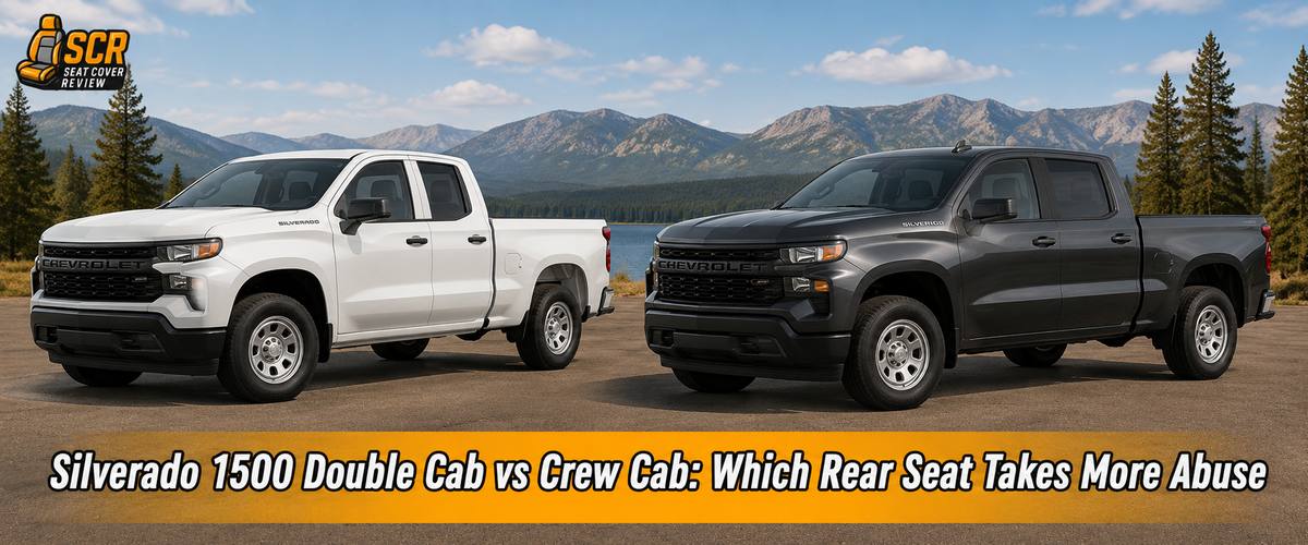 Silverado 1500 Double Cab and Crew Cab parked side by side, comparing rear seat space, wear patterns, and daily use.