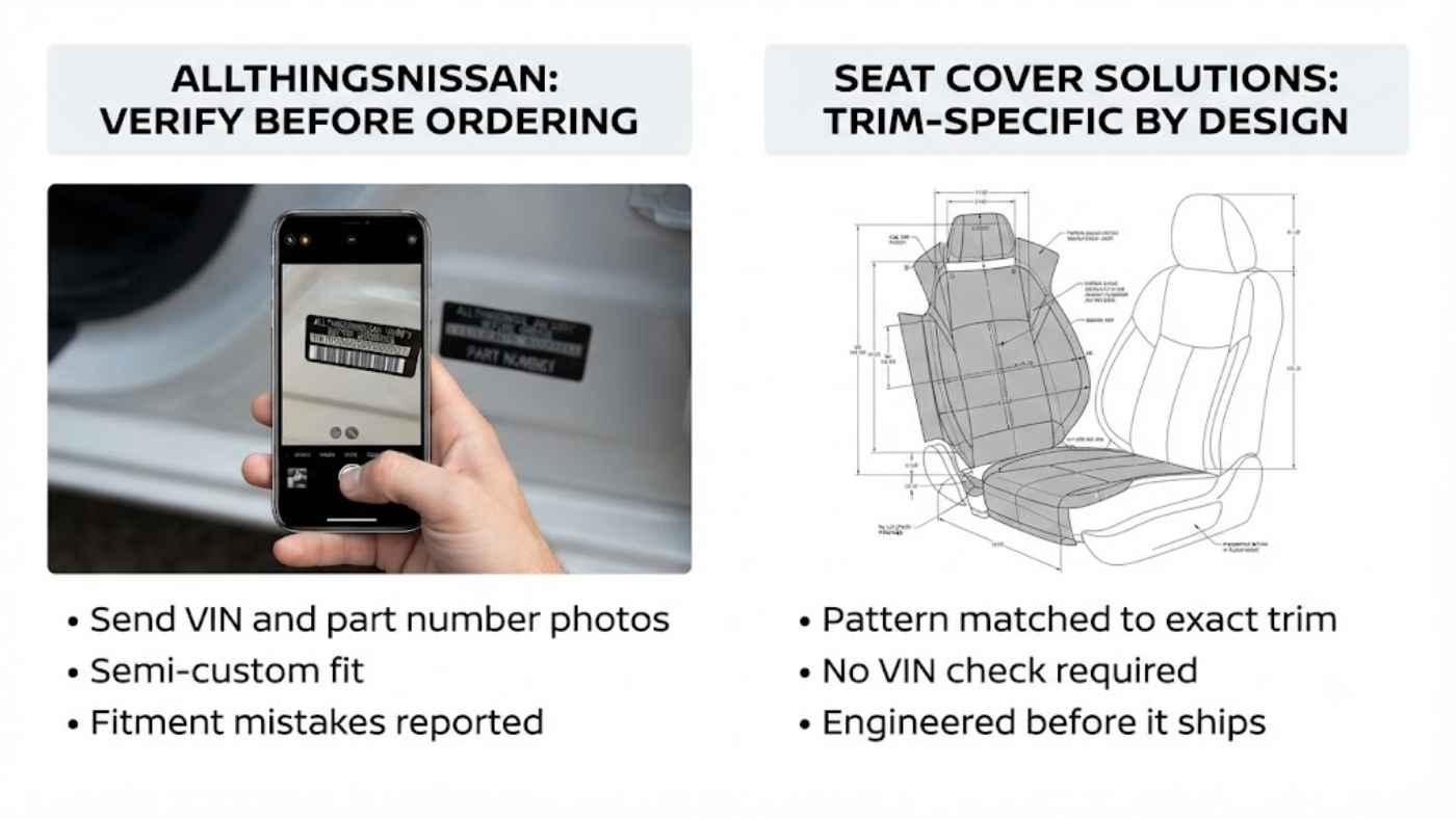 Trim-specific CAD fit from Seat Cover Solutions compared with Allthingsnissan fitment checks needed before ordering a cover.