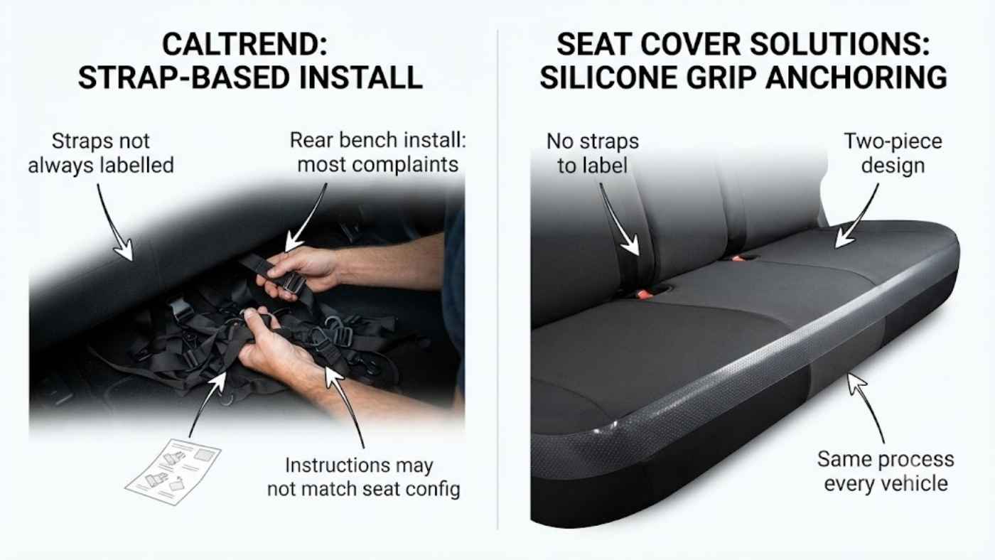 Trim-specific fit from Seat Cover Solutions shown against CalTrend strap-secured covers that owners find harder to install.