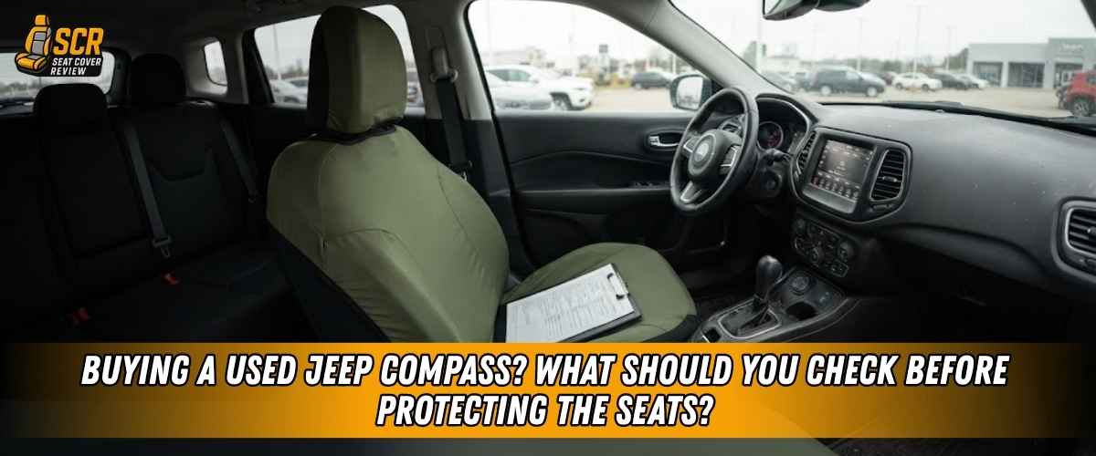 Used Jeep Compass interior with fitted seat covers, illustrating key seat checks before protecting a pre-owned vehicle.