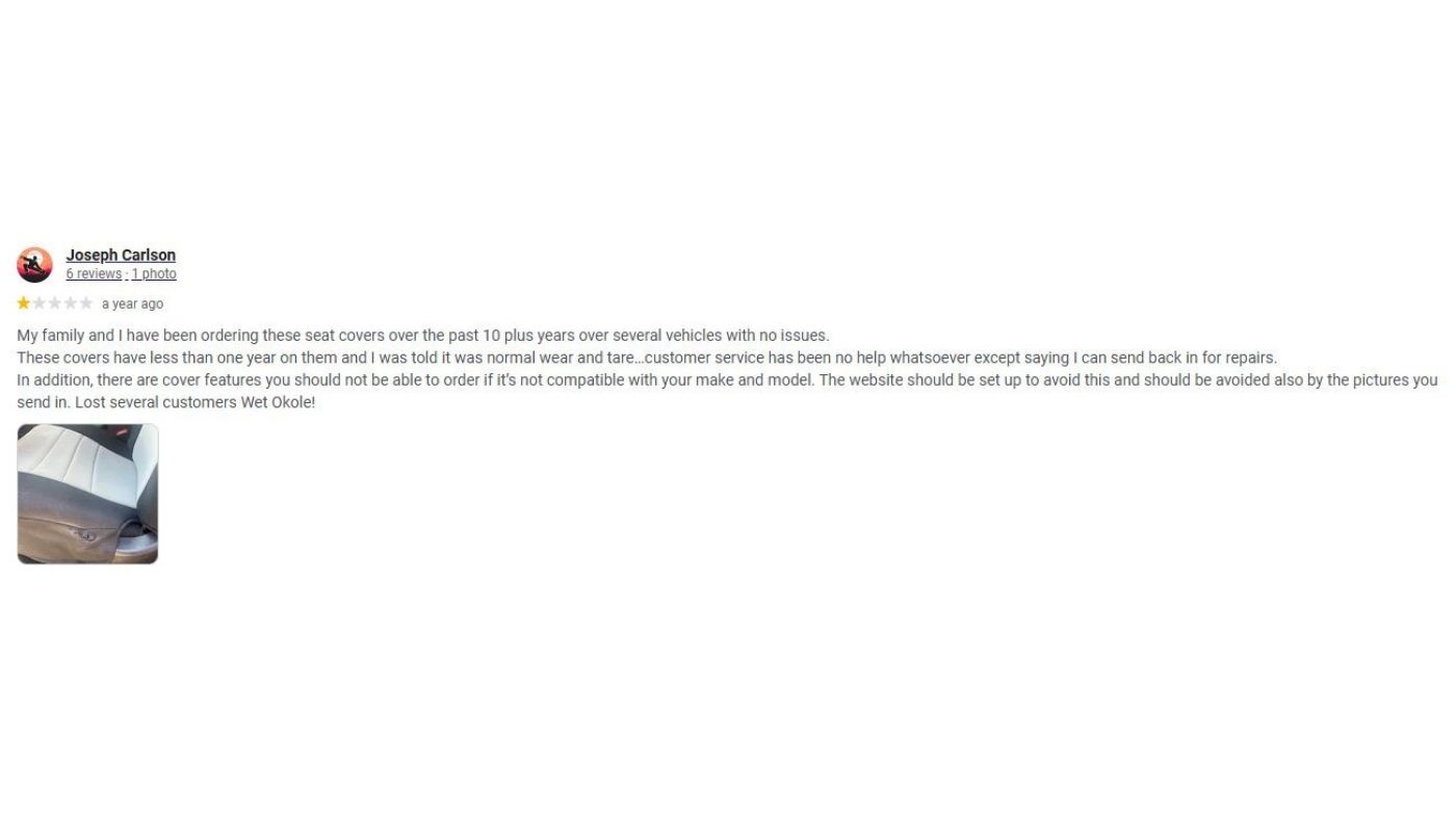 Customer review highlighting long term Wet Okole seat cover durability concerns, fit issues, and customer service.