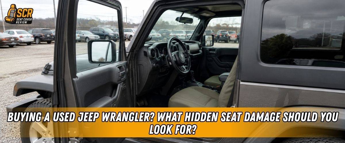 Used Jeep Wrangler interior with front door open, highlighting seats buyers should inspect for hidden damage before purchase.