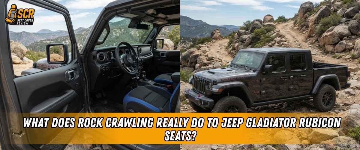 Jeep Gladiator Rubicon on a rocky trail beside its open cabin, highlighting how rock crawling can wear seats and bolsters.